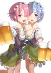  2girls ;) alcohol beer beer_mug blue_eyes blue_hair breast_press breasts cleavage dirndl german_clothes green_skirt hair_over_one_eye hairband highres kitazawa_(embers) medium_breasts multiple_girls one_eye_closed ram_(re:zero) re:zero_kara_hajimeru_isekai_seikatsu red_eyes redhead rem_(re:zero) short_hair skirt smile symmetrical_docking waitress 