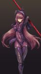  1girl absurdres arms_behind_head arms_up bodysuit breasts covered_navel fate/grand_order fate_(series) gae_bolg highres leotard long_hair navel polearm purple_hair red_eyes rou_(rou22) scathach_(fate/grand_order) solo spear thigh_gap very_long_hair weapon 