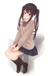  1girl blush brown_eyes brown_hair burenbo-chan cardigan highres long_hair school_uniform thighs twintails 