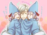  3boys amemiya_saiga bleach blush closed_eyes commentary_request grey_hair group_hug hat hug japanese_clothes long_hair male_focus multiple_boys sougyo_no_kotowari ukitake_juushirou 