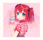  1girl 2016 :p aqua_eyes bangs braid character_name copyright_name dated earrings from_behind gingham hair_ribbon happy_birthday holding ice_cream_cone ichinose_yukino jewelry kurosawa_ruby looking_at_viewer looking_back love_live! love_live!_sunshine!! pink_background plaid plaid_shirt redhead ribbon shirt short_sleeves side_braid solo sprinkles star star-shaped_pupils symbol-shaped_pupils tongue tongue_out triple_scoop two_side_up upper_body waffle_cone white_border 