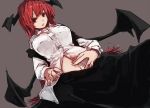  1girl :o bat_wings belly_peek breasts collared_shirt colored_eyelashes commentary_request dutch_angle eyelashes from_below futatsuki_eru grey_background hair_between_eyes hand_on_hip hand_on_own_stomach head_wings highres koakuma long_hair looking_at_viewer low_wings navel red_eyes redhead shirt simple_background skirt skirt_set solo touhou unbuttoned upper_body very_long_hair vest white_shirt wings 