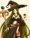  1girl black_dress breasts candy cleavage dress green_eyes green_hair halloween kid_icarus kid_icarus_uprising long_hair looking_at_viewer navel palutena pumpkin side_slit smile solo striped striped_legwear torn_clothes very_long_hair witch 