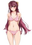  1girl arms_behind_head bikini brown_eyes brown_hair dosaken kamikaze_(kantai_collection) kantai_collection long_hair pink_bikini solo standing striped striped_bikini swimsuit 