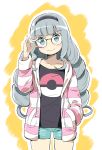  1girl adjusting_glasses blue_eyes character_request curly_hair glasses hairband hand_in_pocket jacket long_hair pokemon shirt shorts silver_hair smile solo striped_jacket very_long_hair viavin 