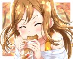  1girl ^_^ autumn_leaves bangs bread brown_hair chocokin closed_eyes commentary_request eating eyebrows eyebrows_visible_through_hair food food_in_mouth holding holding_food kunikida_hanamaru long_hair love_live! love_live!_sunshine!! off-shoulder_shirt shirt signature solo upper_body 