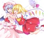  2girls ;d ^_^ arm_garter ascot bat_wings blonde_hair bloom blush brooch closed_eyes cowboy_shot crystal flandre_scarlet frilled_shirt_collar frills glomp hat hat_removed hat_ribbon headwear_removed highres hug hug_from_behind hyurasan jewelry lavender_hair looking_at_another mob_cap multiple_girls one_eye_closed open_mouth petals pink_shirt pink_skirt puffy_short_sleeves puffy_sleeves red_eyes red_ribbon red_shirt red_skirt remilia_scarlet ribbon sash shirt short_sleeves siblings side_ponytail sisters skirt skirt_set smile touhou white_background wings wrist_cuffs 