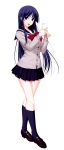  1girl absurdres black_legwear black_skirt blue_eyes blue_hair female full_body highres holding holding_phone komori_kei long_hair open_mouth phone pleated_skirt ryuuzouji_satsuki school_uniform simple_background skirt socks solo walkure_romanze white_background 