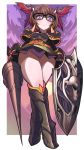  1girl armor black-framed_eyewear blush breastplate brown_hair character_request crossed_legs faulds from_below full_body gashi-gashi greaves head_wings pauldrons polearm purple_skirt shield short_hair skirt solo spear standing thighs upskirt violet_eyes weapon 