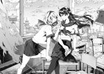  2girls architecture arm_support breasts building chair closed_mouth clouds crossed_legs curtains desk east_asian_architecture glass_shards hairband holding_mask kneehighs kurofuji_nekotarou long_hair looking_at_another mask medium_breasts midriff monochrome multiple_girls original pantyhose parted_lips pleated_skirt school_desk school_uniform serafuku shirt shoes sitting skirt very_long_hair wind yuri 