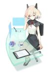  1girl blonde_hair blue_eyes chinese_clothes clipboard cup flower hair_ornament hairclip holographic_monitor looking_at_viewer mgg_(x_arte) mug original pantyhose pencil pencil_skirt robot_ears short_hair sitting skirt smile solo table 
