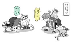  :3 all_fours animal animal_on_back choker comic fingerless_gloves gloves greyscale jolteon male_protagonist_(pokemon_go)_(cosplay) monochrome open_mouth original pokemon pokemon_go shoes short_hair sneakers suetake_(kinrui) sweatdrop tail translation_request vaporeon 