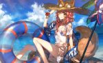  1girl animal_ears beach breasts chocoan cleavage fate/extra fate/grand_order fate_(series) fox_ears fox_tail hat looking_at_viewer ocean parasol pink_hair solo tail tamamo_(fate)_(all) tamamo_no_mae_(swimsuit_lancer)_(fate) umbrella wet wet_clothes yellow_eyes 