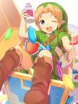 1boy ;d belt blonde_hair blue_eyes boots bottle cocolo_(co_co_lo) eye_of_truth glint green_hat hand_mirror hat heart link male_focus milk_bottle mirror one_eye_closed open_mouth pointy_ears rupees smile solo the_legend_of_zelda the_legend_of_zelda:_ocarina_of_time treasure_chest young_link 