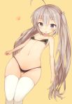  1girl absurdres ahoge bare_shoulders bikini black_bikini blue_eyes blush breasts fang highres long_hair looking_at_viewer navel original ruiten silver_hair simple_background small_breasts smile solo swimsuit thigh-highs twintails very_long_hair white_legwear 