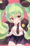  1girl anchovy cape drill_hair girls_und_panzer green_hair long_hair looking_at_viewer necktie ramune_(lamunepop) sitting skirt smile solo twintails yellow_eyes 