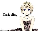 1girl blonde_hair blue_eyes breasts character_name chikomayo cleavage darjeeling earrings girls_und_panzer jewelry necklace pearl_necklace short_hair smile solo tiara v_arms 