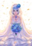  1girl absurdres blue_eyes blue_flowers blue_hair bouquet bridal_gauntlets bridal_veil choker crying crying_with_eyes_open dress flower gloves hair_flower hair_ornament hair_tie hairband highres looking_at_viewer mr._j.w parted_lips re:zero_kara_hajimeru_isekai_seikatsu rem_(re:zero) solo tears veil wedding_dress white_dress white_gloves x_hair_ornament 