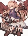 &gt;:d 1girl :d arisa_(shadowverse) arrow belt black_gloves blonde_hair bow_(weapon) breasts brooch brown_legwear cape commentary_request cowboy_shot dress elbow_gloves elf gloves green_eyes hair_ribbon hairband huge_weapon inaba_sunimi jewelry long_hair looking_at_viewer neck_ribbon open_mouth over-kneehighs pointy_ears red_cape red_ribbon ribbon shadowverse short_dress sleeveless sleeveless_dress small_breasts smile solo sword thigh-highs weapon 