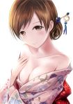 1girl bare_shoulders blush breasts brown_eyes brown_hair cleavage hair_ornament hairpin idolmaster idolmaster_cinderella_girls idolmaster_cinderella_girls_starlight_stage japanese_clothes kimono long_hair nannacy7 nitta_minami obi off_shoulder sash simple_background smile solo tied_hair 