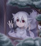  &gt;:) 1girl \||/ against_glass animal_ears black_gloves detached_sleeves fingerless_gloves gloves hair_between_eyes hidarikata inubashiri_momiji leaf looking_up no_hat no_headwear pom_pom_(clothes) rain red_eyes short_hair smile solo tail touhou tree water_drop white_flower white_hair wide_sleeves window wolf_ears wolf_tail 
