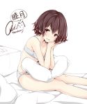  1girl bare_legs bare_shoulders bed_sheet bra brown_eyes brown_hair character_name grey_bra grey_panties kantai_collection looking_at_viewer mutsuki_(kantai_collection) open_mouth panties pillow rizzl short_hair signature solo translated underwear underwear_only white_background 