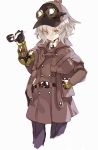  1girl belt coat cropped_legs deerstalker detective goggles goggles_on_headwear green_eyes grey_hair hand_on_hip hat holding_pipe mechanical_arm original pipe prosthesis shiromiso short_hair simple_background solo steampunk white_background 