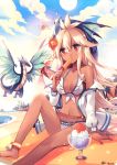  1girl ahoge arm_support backlighting bare_shoulders beach beltskirt bikini blonde_hair blush breasts cleavage clouds cloudy_sky collarbone commentary_request dark_skin day dragon eating flower food food_in_mouth granblue_fantasy hair_between_eyes hair_flower hair_ornament hibiscus holding holding_food jacket kirero long_hair looking_at_viewer navel off_shoulder popsicle red_eyes shaved_ice shiny shiny_skin sidelocks sitting sky small_breasts solo stomach sun swimsuit the_order_grande very_long_hair white_bikini white_jacket 