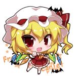  1girl ascot bangs bat blonde_hair blush bow character_name chibi commentary dress eyebrows eyebrows_visible_through_hair fang flandre_scarlet full_body hair_between_eyes hat hat_bow looking_at_viewer mob_cap noai_nioshi open_mouth puffy_short_sleeves puffy_sleeves red_bow red_eyes short_sleeves simple_background smile solo standing star the_embodiment_of_scarlet_devil touhou white_background white_legwear wings 