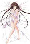  1girl barefoot bed_sheet brown_eyes brown_hair collarbone dakimakura from_above highres hina_asuka jewelry koshimizu_takayuki long_hair looking_at_viewer lying memories_off#5 naked_sheet navel necklace on_back solo 