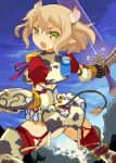  animal_ears breasts buckler cow_ears cow_horns cow_print cow_tail garter_straps goat_eyes holding holding_weapon horns huge_weapon light_brown_hair mota open_mouth pointy_ears shield short_hair short_sleeves sword tail thigh-highs under_boob weapon 