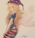  1girl american_flag_legwear american_flag_shirt blonde_hair clownpiece cowboy_shot facial_mark fairy_wings hat highres jester_cap kouzuki_kei long_hair pantyhose parted_lips polka_dot red_eyes shirt_tug simple_background sketch smile solo standing star star-shaped_pupils star_print striped symbol-shaped_pupils teeth touhou wings 