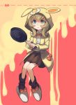  1girl animal_hood black_legwear blonde_hair blue_eyes bow brown_skirt bunny_hood dangan_ronpa dangan_ronpa_3 egg food food_on_head frying_pan green_eyes heterochromia honzumaru hood hoodie invisible_chair object_on_head parted_lips pleated_skirt school_uniform simple_background sitting skirt slippers socks solo tearing_up two-tone_background 