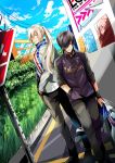  2boys aku-usagi artist_name black_hair blonde_hair blue_sky chain-link_fence clouds dutch_angle fence hair_over_one_eye hand_in_pocket jacket kuga_kyosuke male_focus multiple_boys outdoors ponytail power_lines prince_of_stride red_eyes road_sign sign sky standing tomoe_yagami track_jacket watermark web_address 