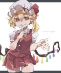  1girl blonde_hair bow crystal english flandre_scarlet grin hat hat_bow hat_ribbon highres miniskirt mob_cap necktie pleated_skirt puffy_short_sleeves puffy_sleeves red_eyes reiga_(act000) ribbon short_sleeves side_ponytail skirt skirt_set smile solo touhou wings 