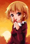  1girl aki_shizuha autumn_leaves blush breasts brown_eyes commentary_request covering_mouth dress leaf long_sleeves looking_at_viewer looking_to_the_side maple_leaf orange_hair red_dress ruu_(tksymkw) short_hair small_breasts solo sunset touhou upper_body 