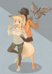  2girls animal_ears back-to-back batta_(kanzume_quality) bird black_hair black_legwear black_skirt blonde_hair blue_eyes bra_strap breasts claw_pose fox_ears fox_girl fox_tail glasses hands_up legs legwear_under_shorts long_hair looking_at_viewer medium_breasts multiple_girls off-shoulder_sweater open_mouth orange_shoes orange_sweater original owl pantyhose pleated_skirt ponytail shoes short_hair short_hair_with_long_locks short_shorts shorts skirt smile standing standing_on_one_leg sweater tail 