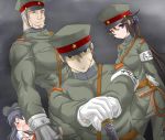  &gt;_o 2boys 2girls ^_^ akatsuki_(kantai_collection) arm_behind_back armband black_hair blush breasts brown_hair chain closed_eyes commentary gloves grey_hair grin hat jack_(slaintheva) kantai_collection katana long_hair looking_at_viewer military_police multiple_boys multiple_girls muscle neckerchief one_eye_closed peaked_cap pointing pointing_at_viewer ponytail scar_on_cheek school_uniform serafuku smile star sword violet_eyes weapon whip white_gloves 
