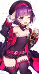  1girl bare_shoulders blush book detached_sleeves fate/grand_order fate_(series) hat helena_blavatsky_(fate/grand_order) highres looking_at_viewer mika_pika_zo one_eye_closed open_mouth purple_hair salute short_hair smile solo strapless thigh-highs thighs violet_eyes 