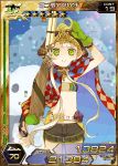  argyle arm_up blonde_hair card_(medium) character_request copyright_request green_eyes gun hair_over_shoulder holding holding_weapon jewelry kai-ri-sei_million_arthur long_hair mittens mota navel necklace rifle salute shorts smile snowman weapon 