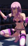  1girl absurdres bare_shoulders boots breasts cleavage fingerless_gloves gloves highres ibuki_imina long_hair looking_at_viewer open_mouth purple_gloves purple_hair school_girl_strikers shigatsugata skindentation solo squatting teeth yellow_eyes 