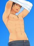  abs axis_powers_hetalia brown_hair cross cross_necklace denim from_below green_eyes jeans jewelry male_focus muscle navel necklace nipples open_mouth pants pochi_(popcooooorn) shirt_removed smile spain_(hetalia) sweat tan 