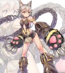  1girl animal_ears bangs bare_shoulders blush breasts cat_ears cat_paws claw_(weapon) closed_mouth collar collarbone erun_(granblue_fantasy) eyebrows gloves granblue_fantasy grey_hair grey_skirt hair_between_eyes highres long_hair medium_breasts microskirt minowa_sukyaru navel_cutout paw_gloves paws red_eyes sen_(granblue_fantasy) skirt solo weapon 