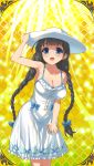  arm_up black_hair blue_eyes book breasts character_request cleavage dress floral_print hat kusaka_souji large_breasts long_hair looking_at_viewer official_art open_mouth spaghetti_strap twintails uchi_no_hime-sama_ga_ichiban_kawaii 