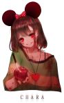  androgynous apple artist_name blood blood_on_arm blood_on_face bloody_clothes bloody_hands blush bow brown_hair chara_(undertale) character_name collarbone evil_grin evil_smile food fruit grin heart heart_necklace highres holding holding_fruit knife looking_at_viewer mickey_mouse_ears off_shoulder polka_dot polka_dot_bow red_eyes shale shirt smile solo spoilers striped striped_shirt twitter_username undertale upper_body white_background 