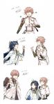  2015 2016 3boys ^_^ armor black_gloves blonde_hair blue_hair cape closed_eyes feathers glasses gloves hair_feathers highres japanese_armor kikkou_sadamune male_focus monoyoshi_sadamune multiple_boys necktie odd_one_out open_mouth shichimi_(ftlvampire32) smile sode suspenders sword taikogane_sadamune touken_ranbu wakizashi weapon yellow_eyes 