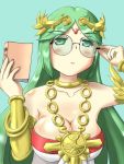  1girl armlet bangs bespectacled blush book breasts choker cleavage drawing dress fingernails frilled_legwear glasses goddess green_eyes green_hair holding holding_book holding_glasses jewelry kid_icarus kid_icarus_uprising large_breasts long_hair namaixy necklace nintendo palutena parted_bangs pendant round_glasses smile strapless strapless_dress swept_bangs tiara upper_body vambraces very_long_hair 