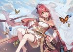 1girl absurdres ahoge arm_belt artist_request bare_shoulders blue_sky bow butterfly clouds detached_sleeves hair_bow highres long_hair looking_at_viewer open_mouth outdoors panzer_waltz red_eyes redhead see-through sheath sheathed skirt sky sword thigh-highs veil weapon white_legwear white_skirt 