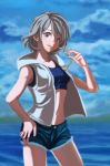  1girl artist_request blue_eyes blue_sky clouds grey_hair hand_on_hip highres hood hoodie looking_at_viewer love_live! love_live!_sunshine!! navel ocean short_hair shorts silver_hair sky smile solo sports_bra watanabe_you whistle 