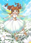  1girl barefoot blue_eyes breasts brown_hair cleavage cleavage_cutout earrings elbow_gloves gloves heart heart_cutout highres idolmaster jewelry long_hair open_mouth outdoors petals skirt small_breasts solo takatsuki_yayoi white_flower white_gloves white_skirt wings yumekaranigeruna 